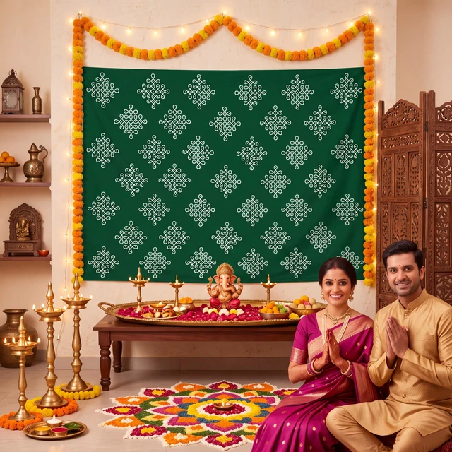 Alt view image 4 of 6 - Indian Varalakshmi Pooja Backdrop Kolam Decor, Dark Green, 7x5ft Traditional Diwali Rangoli Wall Hanging, Ratham Muggu Vratam Tapestry, for Home Wedding Bedroom Living Room Photo Background