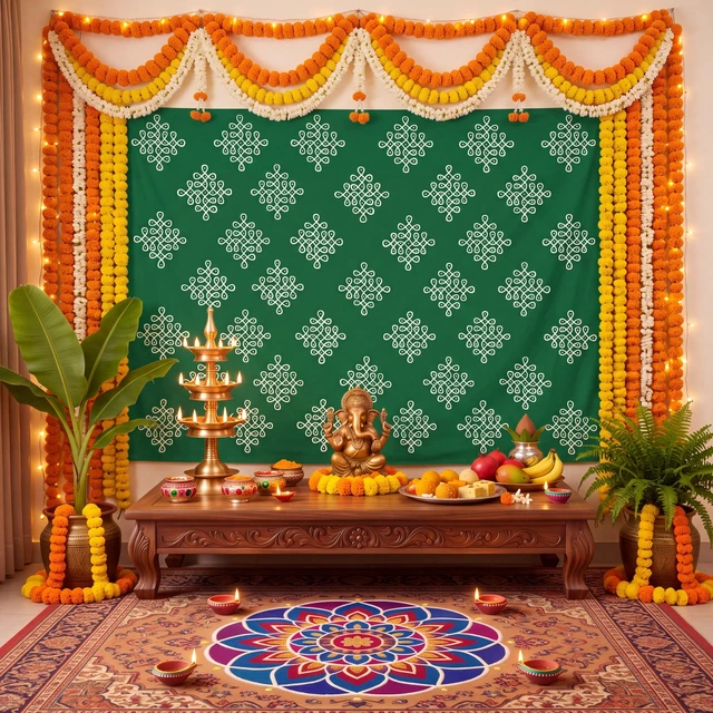 Alt view image 5 of 6 - Indian Varalakshmi Pooja Backdrop Kolam Decor, Dark Green, 7x5ft Traditional Diwali Rangoli Wall Hanging, Ratham Muggu Vratam Tapestry, for Home Wedding Bedroom Living Room Photo Background