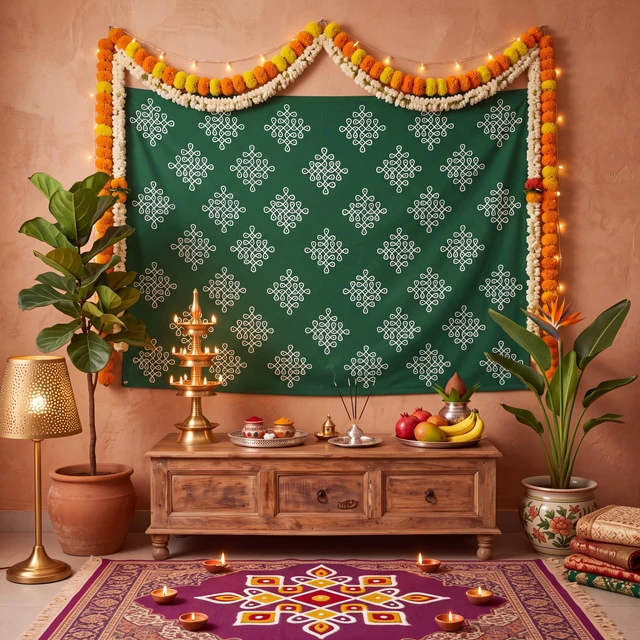 Alt view image 6 of 6 - Indian Varalakshmi Pooja Backdrop Kolam Decor, Dark Green, 7x5ft Traditional Diwali Rangoli Wall Hanging, Ratham Muggu Vratam Tapestry, for Home Wedding Bedroom Living Room Photo Background
