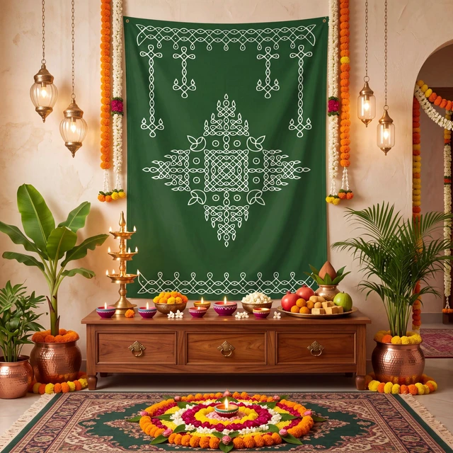 Main image of Indian Varalakshmi Pooja Backdrop Kolam Decor, Dark Green, 7x5ft Traditional Diwali Rangoli Wall Hanging, Ratham Muggu Vratam Tapestry, for Home Wedding Bedroom Living Room Photo Background