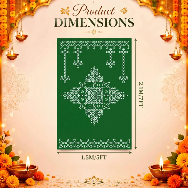 Alt view image 2 of 7 - Indian Varalakshmi Pooja Backdrop Kolam Decor, Dark Green, 7x5ft Traditional Diwali Rangoli Wall Hanging, Ratham Muggu Vratam Tapestry, for Home Wedding Bedroom Living Room Photo Background