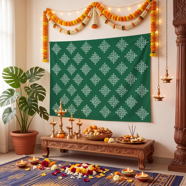 Alt view image 3 of 6 - Indian Varalakshmi Pooja Backdrop Kolam Decor, Dark Green, 7x5ft Traditional Diwali Rangoli Wall Hanging, Ratham Muggu Vratam Tapestry, for Home Wedding Bedroom Living Room Photo Background