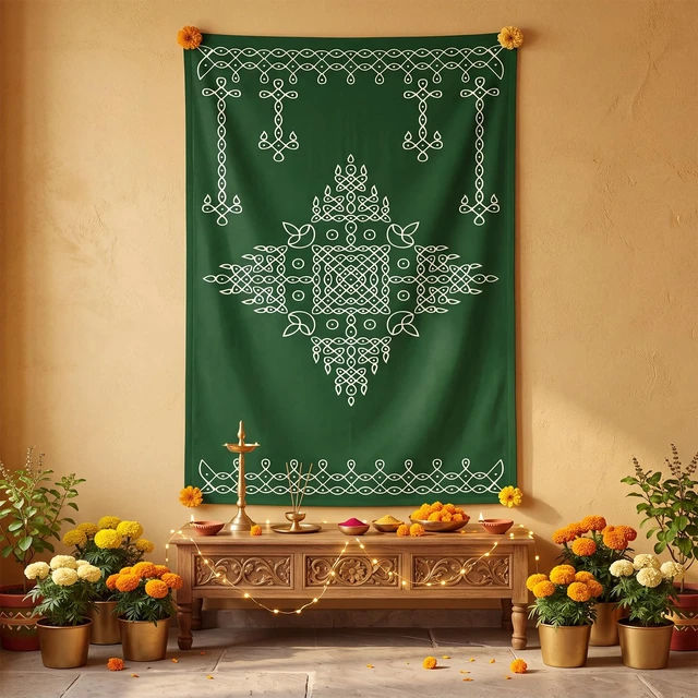 Alt view image 3 of 7 - Indian Varalakshmi Pooja Backdrop Kolam Decor, Dark Green, 7x5ft Traditional Diwali Rangoli Wall Hanging, Ratham Muggu Vratam Tapestry, for Home Wedding Bedroom Living Room Photo Background