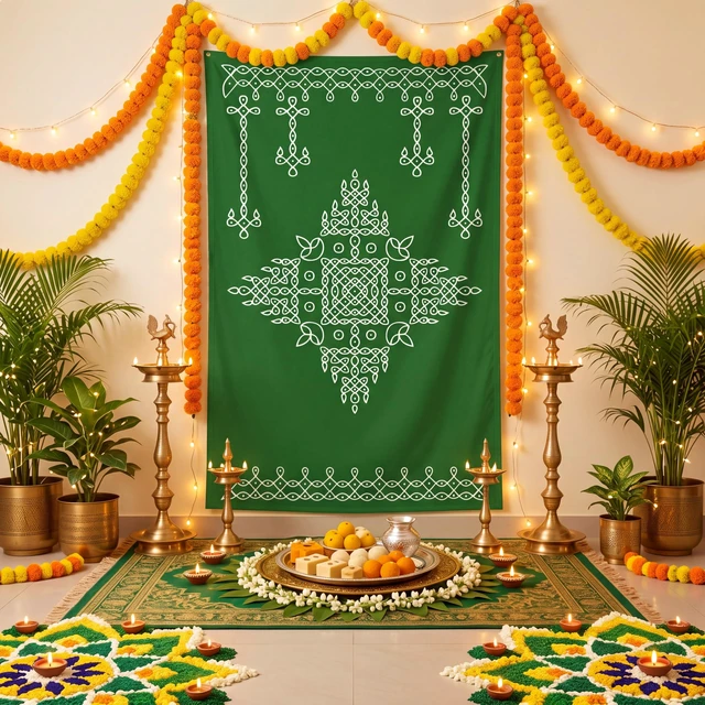 Alt view image 4 of 7 - Indian Varalakshmi Pooja Backdrop Kolam Decor, Dark Green, 7x5ft Traditional Diwali Rangoli Wall Hanging, Ratham Muggu Vratam Tapestry, for Home Wedding Bedroom Living Room Photo Background