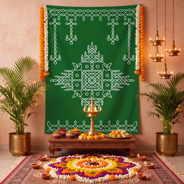 Alt view image 5 of 7 - Indian Varalakshmi Pooja Backdrop Kolam Decor, Dark Green, 7x5ft Traditional Diwali Rangoli Wall Hanging, Ratham Muggu Vratam Tapestry, for Home Wedding Bedroom Living Room Photo Background