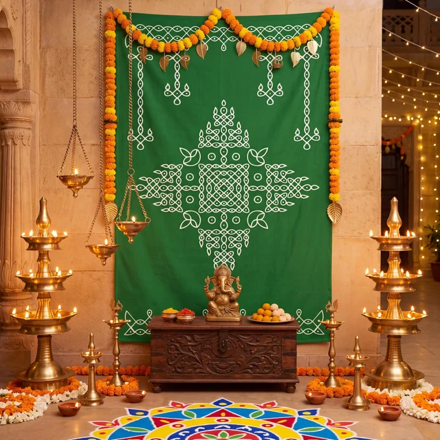 Alt view image 6 of 7 - Indian Varalakshmi Pooja Backdrop Kolam Decor, Dark Green, 7x5ft Traditional Diwali Rangoli Wall Hanging, Ratham Muggu Vratam Tapestry, for Home Wedding Bedroom Living Room Photo Background