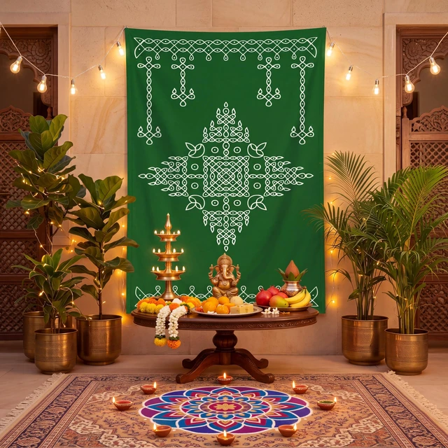 Alt view image 7 of 7 - Indian Varalakshmi Pooja Backdrop Kolam Decor, Dark Green, 7x5ft Traditional Diwali Rangoli Wall Hanging, Ratham Muggu Vratam Tapestry, for Home Wedding Bedroom Living Room Photo Background