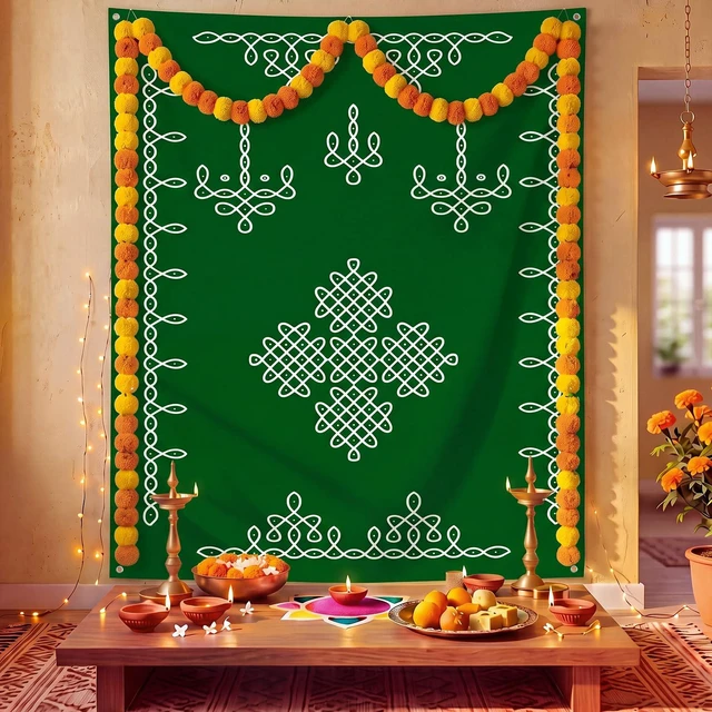 Main image of Traditional Indian Pooja Backdrop Kolam Decor, Dark Green, 7x5ft Varalakshmi Diwali Rangoli Wall Hanging, Ratham Muggu Vratam Tapestry, for Home Wedding Bedroom Living Room Photo Background