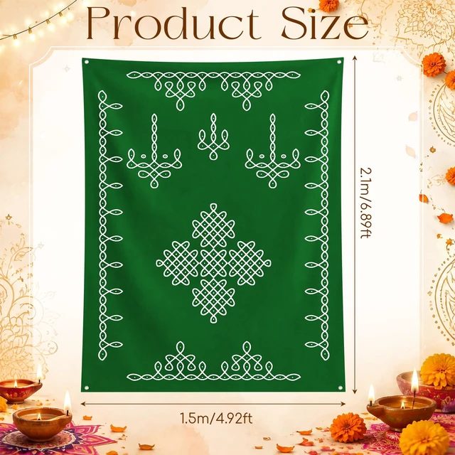 Alt view image 2 of 6 - Traditional Indian Pooja Backdrop Kolam Decor, Dark Green, 7x5ft Varalakshmi Diwali Rangoli Wall Hanging, Ratham Muggu Vratam Tapestry, for Home Wedding Bedroom Living Room Photo Background