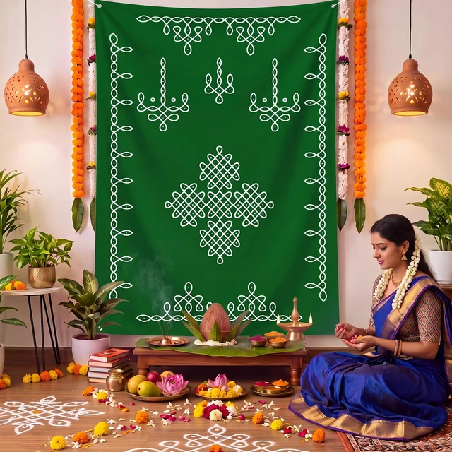 Alt view image 3 of 6 - Traditional Indian Pooja Backdrop Kolam Decor, Dark Green, 7x5ft Varalakshmi Diwali Rangoli Wall Hanging, Ratham Muggu Vratam Tapestry, for Home Wedding Bedroom Living Room Photo Background