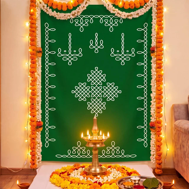 Alt view image 4 of 6 - Traditional Indian Pooja Backdrop Kolam Decor, Dark Green, 7x5ft Varalakshmi Diwali Rangoli Wall Hanging, Ratham Muggu Vratam Tapestry, for Home Wedding Bedroom Living Room Photo Background