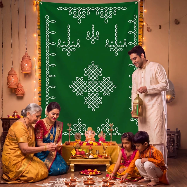 Alt view image 6 of 6 - Traditional Indian Pooja Backdrop Kolam Decor, Dark Green, 7x5ft Varalakshmi Diwali Rangoli Wall Hanging, Ratham Muggu Vratam Tapestry, for Home Wedding Bedroom Living Room Photo Background