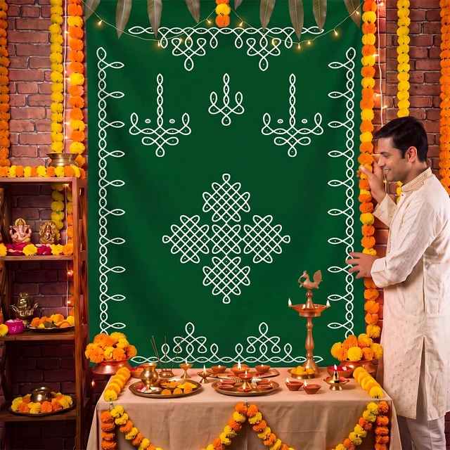 Alt view image 5 of 6 - Traditional Indian Pooja Backdrop Kolam Decor, Dark Green, 7x5ft Varalakshmi Diwali Rangoli Wall Hanging, Ratham Muggu Vratam Tapestry, for Home Wedding Bedroom Living Room Photo Background