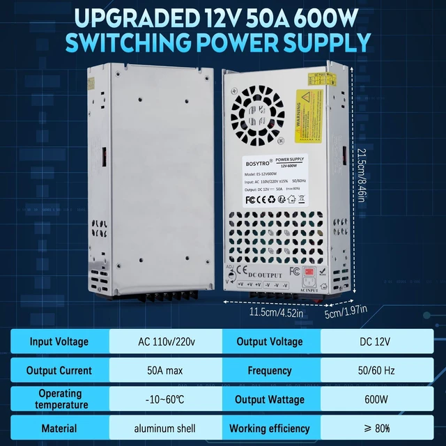 Alt view image 3 of 7 - Upgraded 12V DC Power Supply 600W 50A 110v to 12v Converter Switching Power Supply for Led Strip, CCTV, 3D Printer, Motor Pump, Electronic Instruments, Lab Computer, Without Power Cord