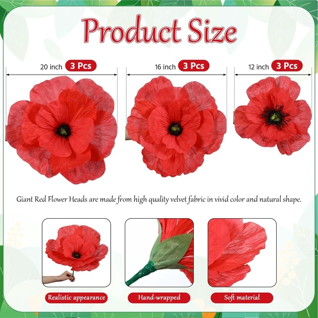 Alt view image 2 of 6 - 3 Pcs Giant Artificial Flowers Decor for Halloween Cos, 12, 16, 20" Large Red Poppy Flowers, Wonderland Floral Wall Hanging Decorations, Spooky Party Backdrop, Witchy Decor for Indoor Outdoor