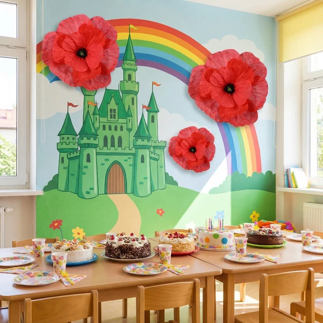 Alt view image 6 of 6 - 3 Pcs Giant Artificial Flowers Decor for Halloween Cos, 12, 16, 20" Large Red Poppy Flowers, Wonderland Floral Wall Hanging Decorations, Spooky Party Backdrop, Witchy Decor for Indoor Outdoor