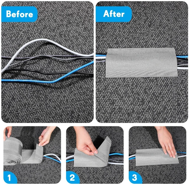 Alt view image 6 of 7 - Carpet Cord Cover Floor Cable Protector, 4 Inch X 50 Feet, Gray Hook Loop Adhesive Design, Carpet Wire Cover, Floor Cable Management, Prevents Tripping, for Office Carpet Organized Protect