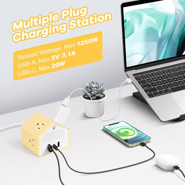 Alt view image 2 of 7 - Power Strip with Night Light, 20W USB C Desk Charging Station, Yolk-Yellow 4 Outlets 3 USB Ports, Overload Protection, Desk Nightstand Couch Makeup, Electronic Accessories