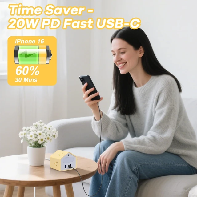 Alt view image 4 of 7 - Power Strip with Night Light, 20W USB C Desk Charging Station, Yolk-Yellow 4 Outlets 3 USB Ports, Overload Protection, Desk Nightstand Couch Makeup, Electronic Accessories