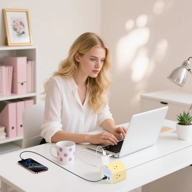 Alt view image 5 of 7 - Power Strip with Night Light, 20W USB C Desk Charging Station, Yolk-Yellow 4 Outlets 3 USB Ports, Overload Protection, Desk Nightstand Couch Makeup, Electronic Accessories