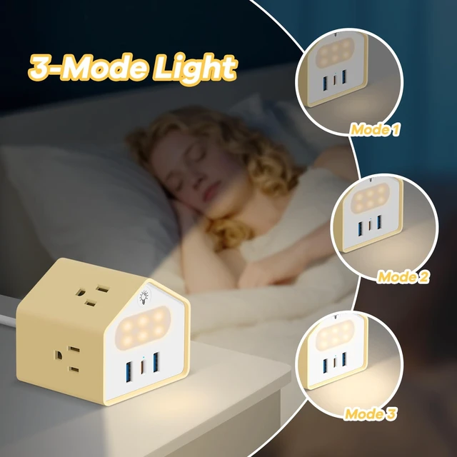 Alt view image 6 of 7 - Power Strip with Night Light, 20W USB C Desk Charging Station, Yolk-Yellow 4 Outlets 3 USB Ports, Overload Protection, Desk Nightstand Couch Makeup, Electronic Accessories