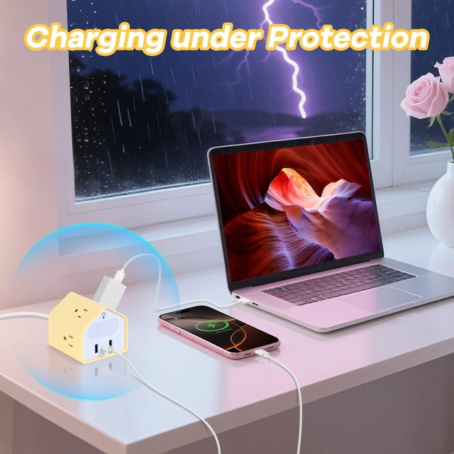 Alt view image 7 of 7 - Power Strip with Night Light, 20W USB C Desk Charging Station, Yolk-Yellow 4 Outlets 3 USB Ports, Overload Protection, Desk Nightstand Couch Makeup, Electronic Accessories