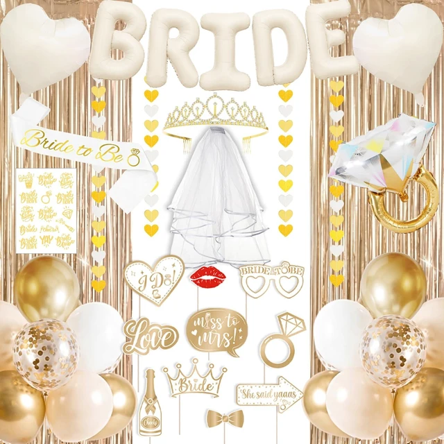 Main image of 60PCS Bride To Be Decorations, Champagne Gold Bachelorette Party Decorations Include Bride To Be Sash Veil Crown Tattoo Stickers Photo Props Fringe Curtain for Wedding Bridal Shower Decorations