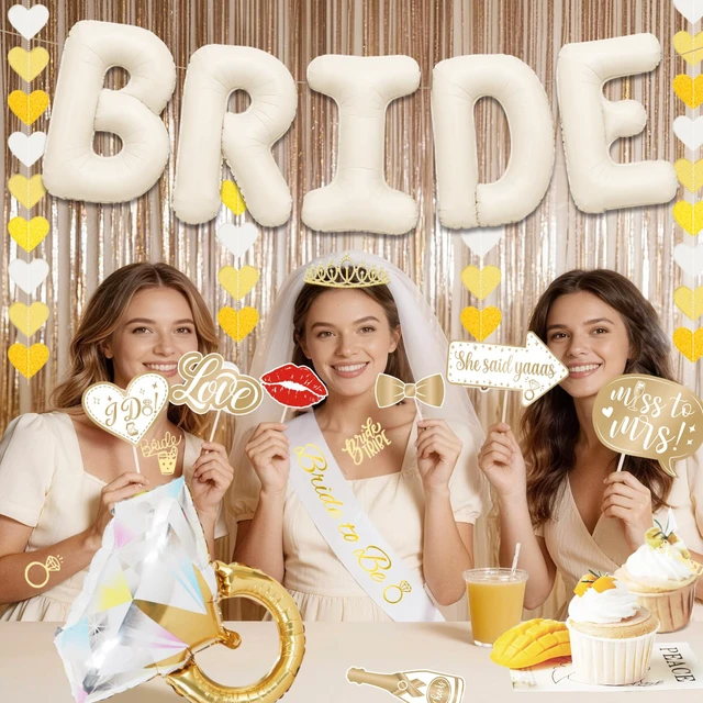 Alt view image 2 of 6 - 60PCS Bride To Be Decorations, Champagne Gold Bachelorette Party Decorations Include Bride To Be Sash Veil Crown Tattoo Stickers Photo Props Fringe Curtain for Wedding Bridal Shower Decorations