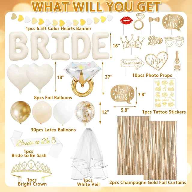 Alt view image 3 of 6 - 60PCS Bride To Be Decorations, Champagne Gold Bachelorette Party Decorations Include Bride To Be Sash Veil Crown Tattoo Stickers Photo Props Fringe Curtain for Wedding Bridal Shower Decorations