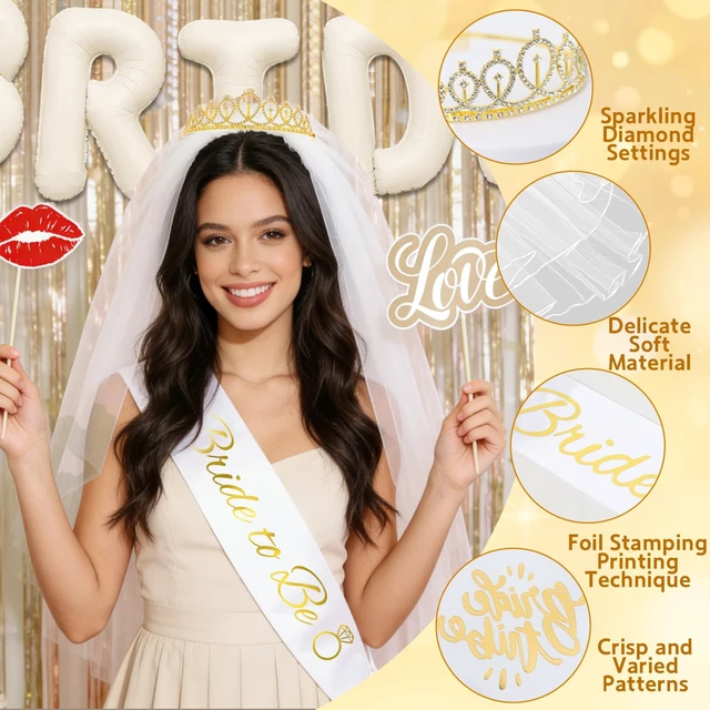Alt view image 4 of 6 - 60PCS Bride To Be Decorations, Champagne Gold Bachelorette Party Decorations Include Bride To Be Sash Veil Crown Tattoo Stickers Photo Props Fringe Curtain for Wedding Bridal Shower Decorations
