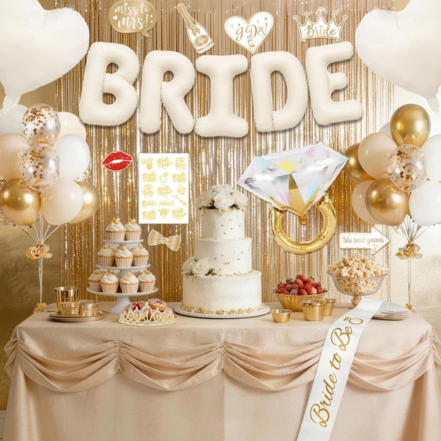 Alt view image 5 of 6 - 60PCS Bride To Be Decorations, Champagne Gold Bachelorette Party Decorations Include Bride To Be Sash Veil Crown Tattoo Stickers Photo Props Fringe Curtain for Wedding Bridal Shower Decorations