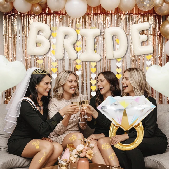 Alt view image 6 of 6 - 60PCS Bride To Be Decorations, Champagne Gold Bachelorette Party Decorations Include Bride To Be Sash Veil Crown Tattoo Stickers Photo Props Fringe Curtain for Wedding Bridal Shower Decorations