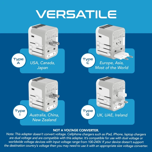 Alt view image 4 of 7 - Universal Travel Adapter, 3 USB-C + 2 USB-A with Universal Input 6 in 1 design, Type A, C, G & I Plugs, Universal Socket for Global Compatibility, 30W USB-C port, Works in 150+ Countries