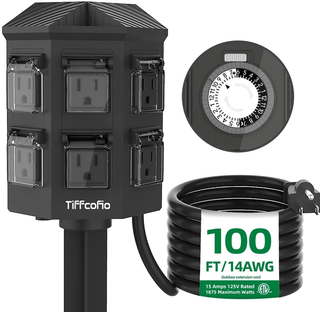 Main image of Outdoor Power Strip Waterproof, 24 Hour Mechanical Timer, 100 FT Extension Cord, 6 Grounded Outlets for Outdoor Lights, ETL Listed (100 FT)