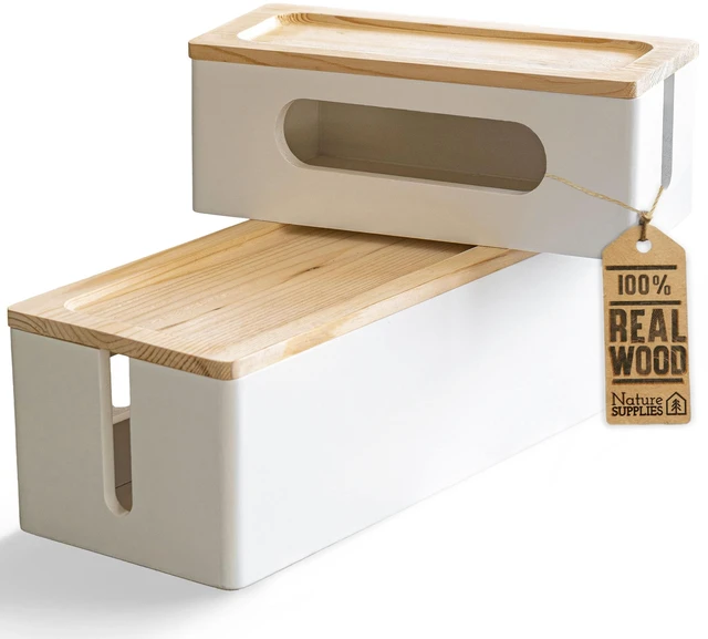 Main image of Set of 2, Wood Cable Management Boxes, Large and Medium Cord Organizer to Hide Wires and Power Strips for TV, Desk, Computer, Router, Cable Storage and Home Office Organization, White