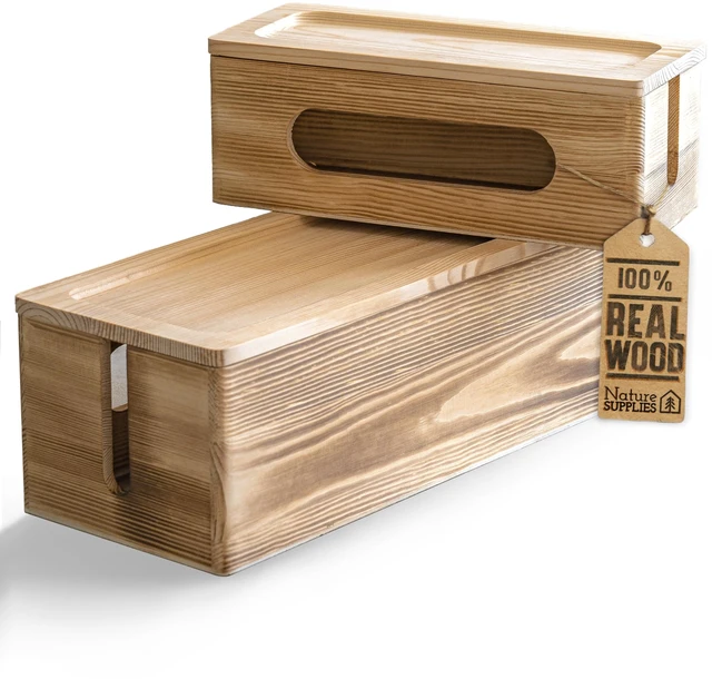 Main image of Set of 2 Wooden Cable Management Boxes, Large and Medium Cord Organizer to Hide Wires and Power Strips for TV, Desk, Computer, Cable Storage and Organization, Dark Brown