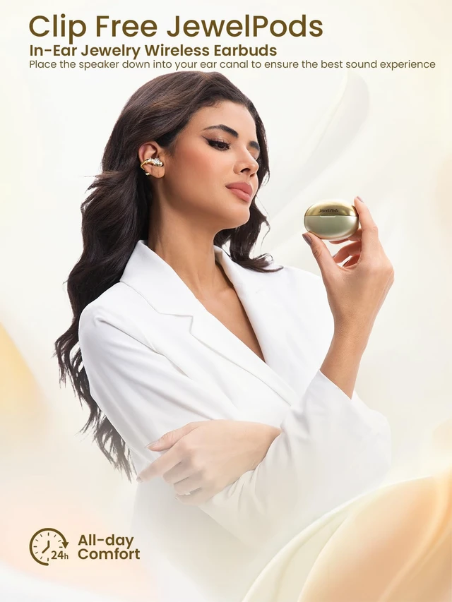 Alt view image 2 of 7 - JewelPods C3 Wireless Bluetooth Earbuds, Jeweled Open-Ear Headphones, Gold Ultra-Light Memory Wire Clip-On Earrings for All-Day Comfort, 60H Playtime, Sweat & Water Resistant, Premium Sound
