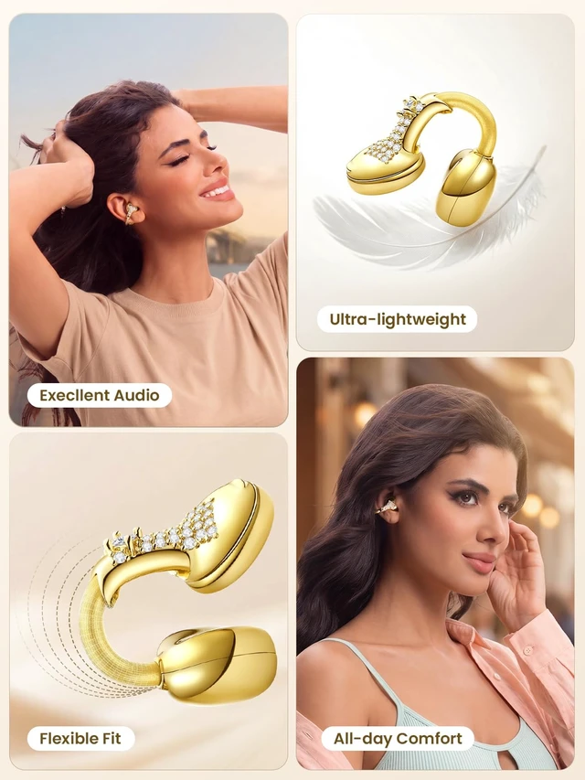 Alt view image 5 of 7 - JewelPods C3 Wireless Bluetooth Earbuds, Jeweled Open-Ear Headphones, Gold Ultra-Light Memory Wire Clip-On Earrings for All-Day Comfort, 60H Playtime, Sweat & Water Resistant, Premium Sound