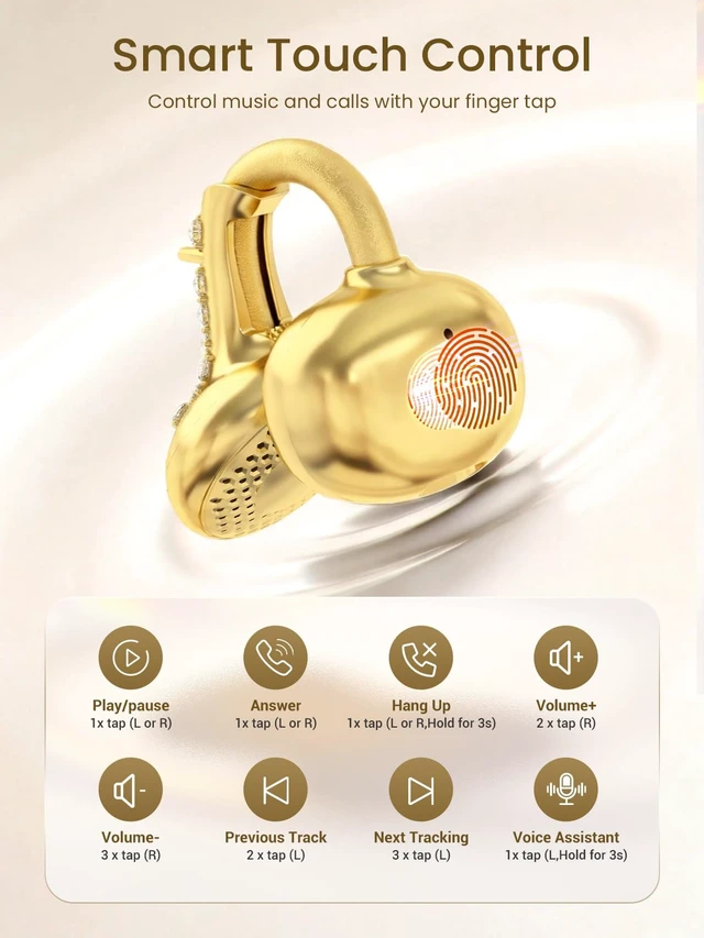 Alt view image 6 of 7 - JewelPods C3 Wireless Bluetooth Earbuds, Jeweled Open-Ear Headphones, Gold Ultra-Light Memory Wire Clip-On Earrings for All-Day Comfort, 60H Playtime, Sweat & Water Resistant, Premium Sound
