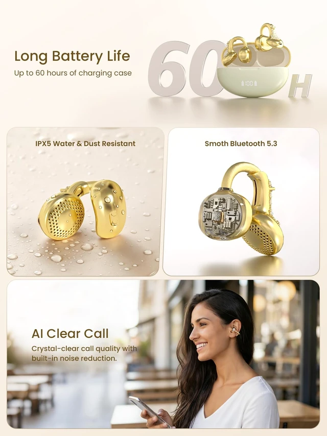 Alt view image 7 of 7 - JewelPods C3 Wireless Bluetooth Earbuds, Jeweled Open-Ear Headphones, Gold Ultra-Light Memory Wire Clip-On Earrings for All-Day Comfort, 60H Playtime, Sweat & Water Resistant, Premium Sound
