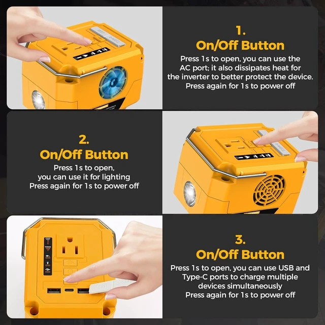 Alt view image 6 of 6 - 260W Portable Power Inverter for Dewalt 20V Max Battery DC 18V to AC 110V Power Station, 1 AC Outlet, 2 USB-A, 1 Type-C & LED Light for Camping Outdoor Emergency