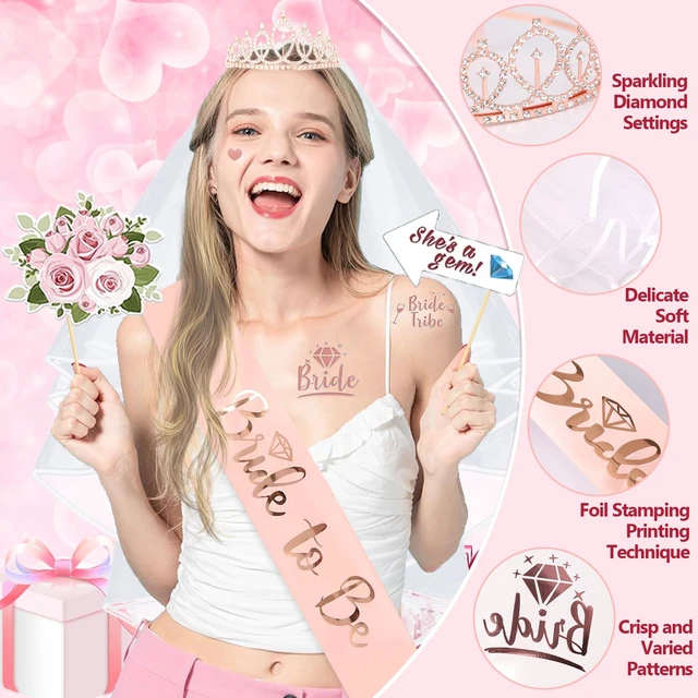 Alt view image 3 of 6 - 116 Pcs Bachelorette Party Decorations, Bride To Be Decorations include Bride To Be Sash Veil Crown Tattoo Stickers Photo Props Fringe Curtain for Bachelorette Wedding Bridal Shower Decorations