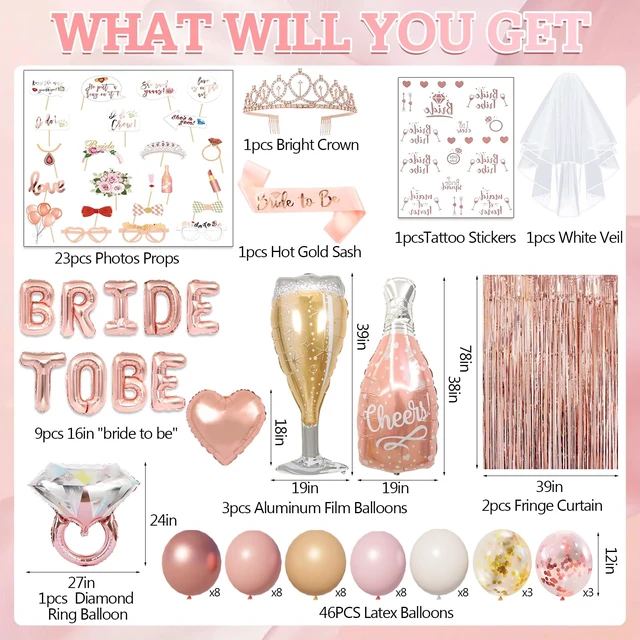 Alt view image 4 of 6 - 116 Pcs Bachelorette Party Decorations, Bride To Be Decorations include Bride To Be Sash Veil Crown Tattoo Stickers Photo Props Fringe Curtain for Bachelorette Wedding Bridal Shower Decorations