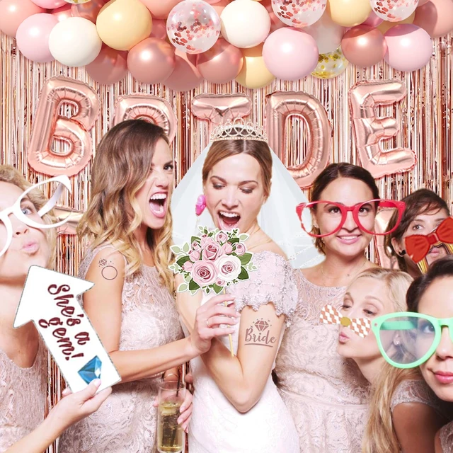 Alt view image 5 of 6 - 116 Pcs Bachelorette Party Decorations, Bride To Be Decorations include Bride To Be Sash Veil Crown Tattoo Stickers Photo Props Fringe Curtain for Bachelorette Wedding Bridal Shower Decorations