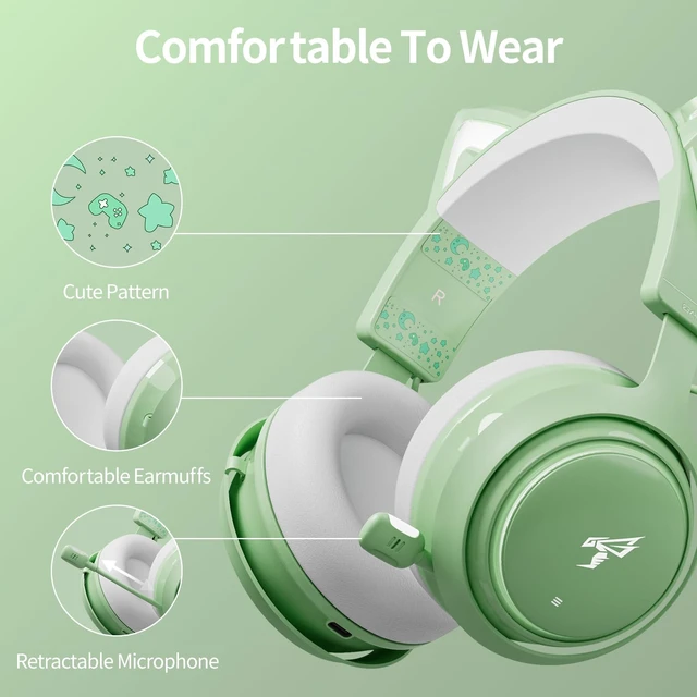 Alt view image 5 of 6 - Cat Ear Headphones, Gaming Headset (Wireless, Green)