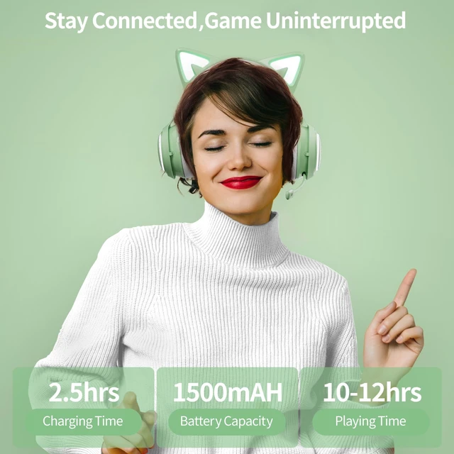 Alt view image 4 of 6 - Cat Ear Headphones, Gaming Headset (Wireless, Green)