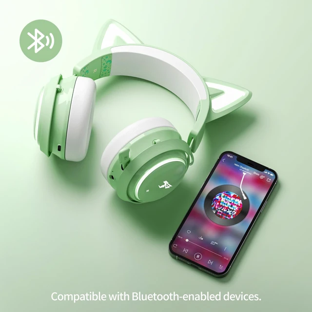 Alt view image 6 of 6 - Cat Ear Headphones, Gaming Headset (Wireless, Green)