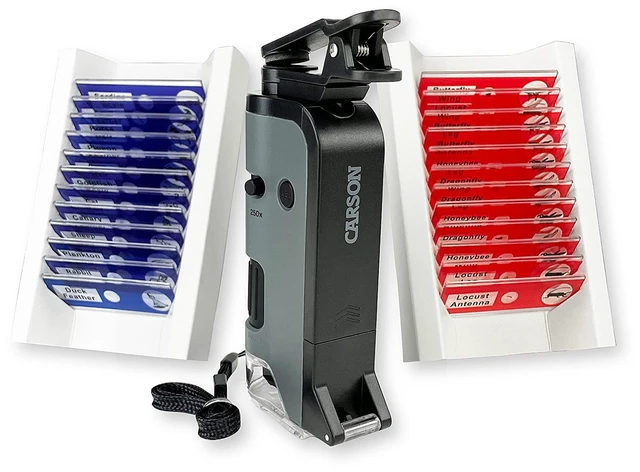 Main image of MicroFlip 100x-250x LED and UV Lighted Pocket Microscope with Flip Down Slide Base and Adapter with Cam Phone App - Bundle Included with 24 Prepared Insect and Animal Slides (MP-250BUN)