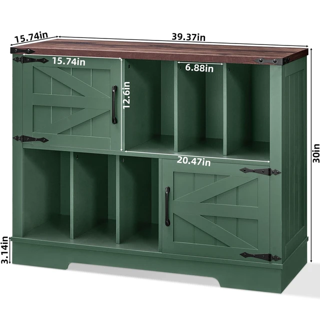 Alt view image 2 of 7 - Large Record Player Stand with Vinyl Storage Up to 450 Albums, 39 Inch Farmhouse Wood Green Vinyl Records Storage Cabinet with Barn Doors, Mid-Century Accent Turntable Stand for Living Room