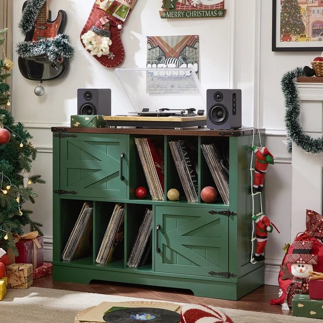 Alt view image 3 of 7 - Large Record Player Stand with Vinyl Storage Up to 450 Albums, 39 Inch Farmhouse Wood Green Vinyl Records Storage Cabinet with Barn Doors, Mid-Century Accent Turntable Stand for Living Room
